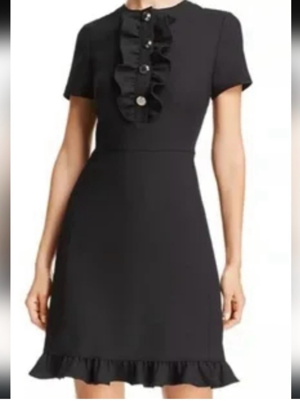 Tory Burch Classic Black Ruffle-Trim Short Sleeve Dress wool blend